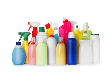 Photo of Set of different cleaning supplies and tools on white background