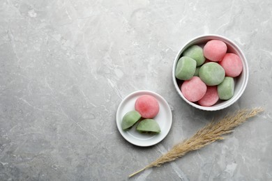 Photo of Delicious mochi and pampas grass on light grey marble table, flat lay with space for text. Traditional Japanese dessert