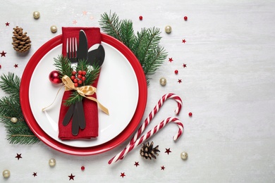 Photo of Christmas table setting on white background, flat lay