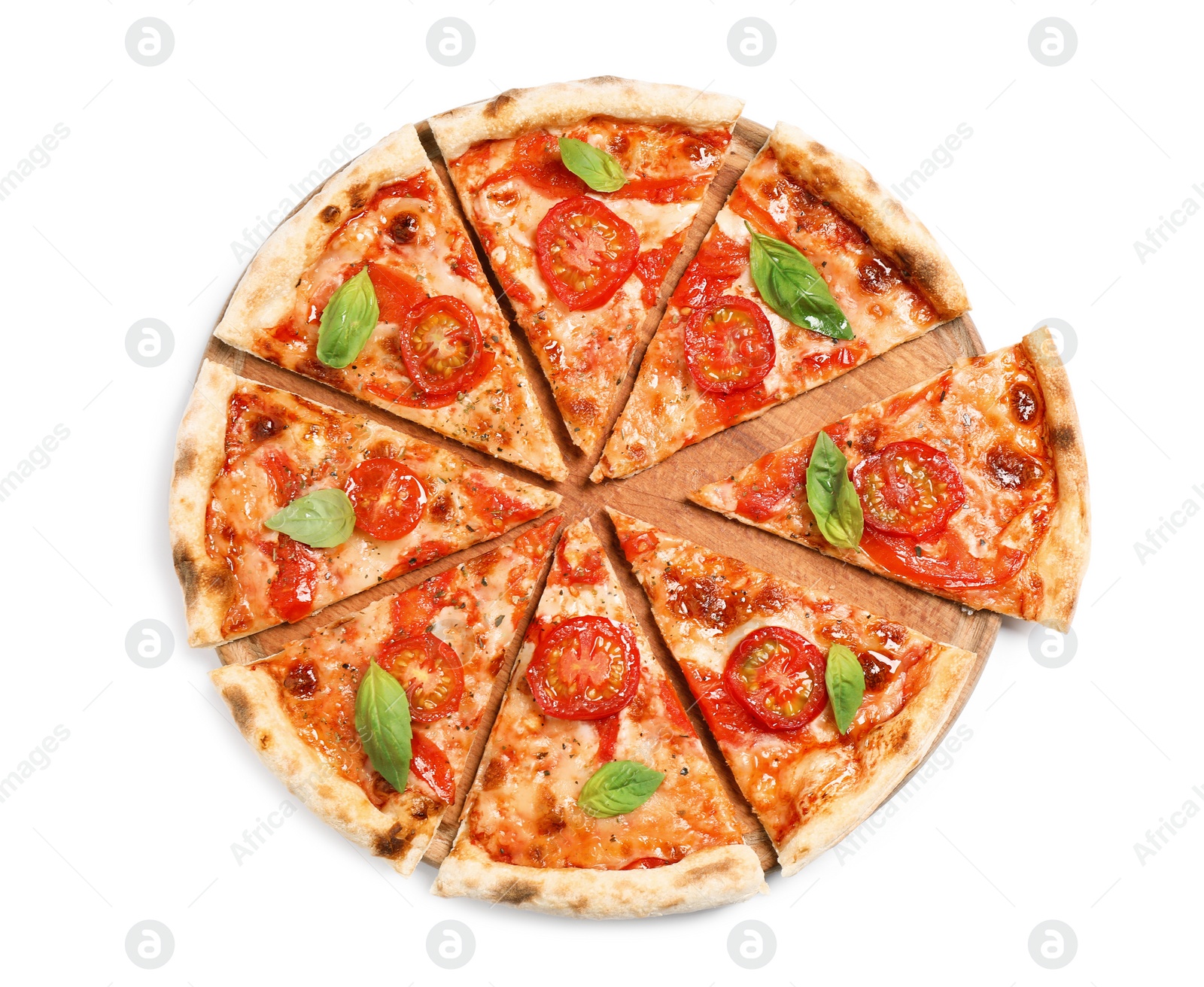 Photo of Delicious hot pizza Margherita isolated on white, top view