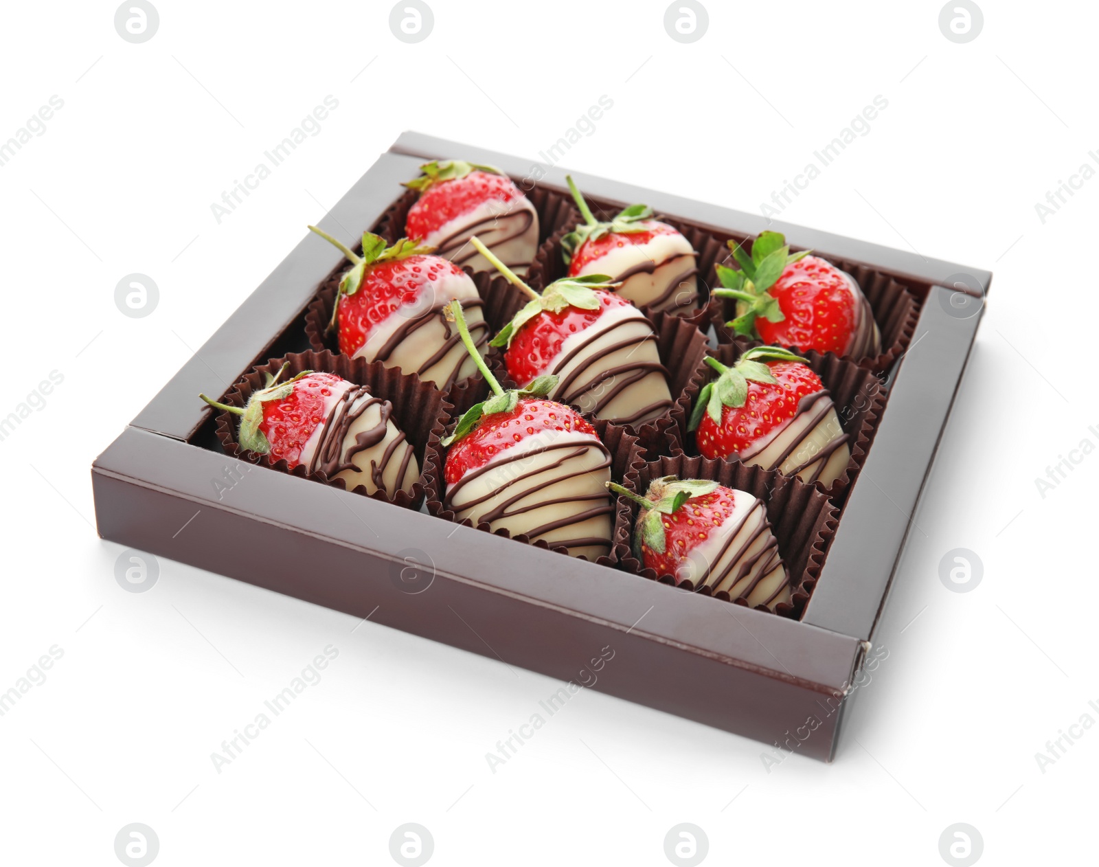 Photo of Box with chocolate covered strawberries on white background