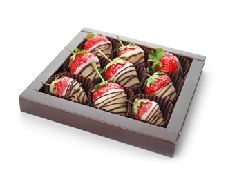 Photo of Box with chocolate covered strawberries on white background