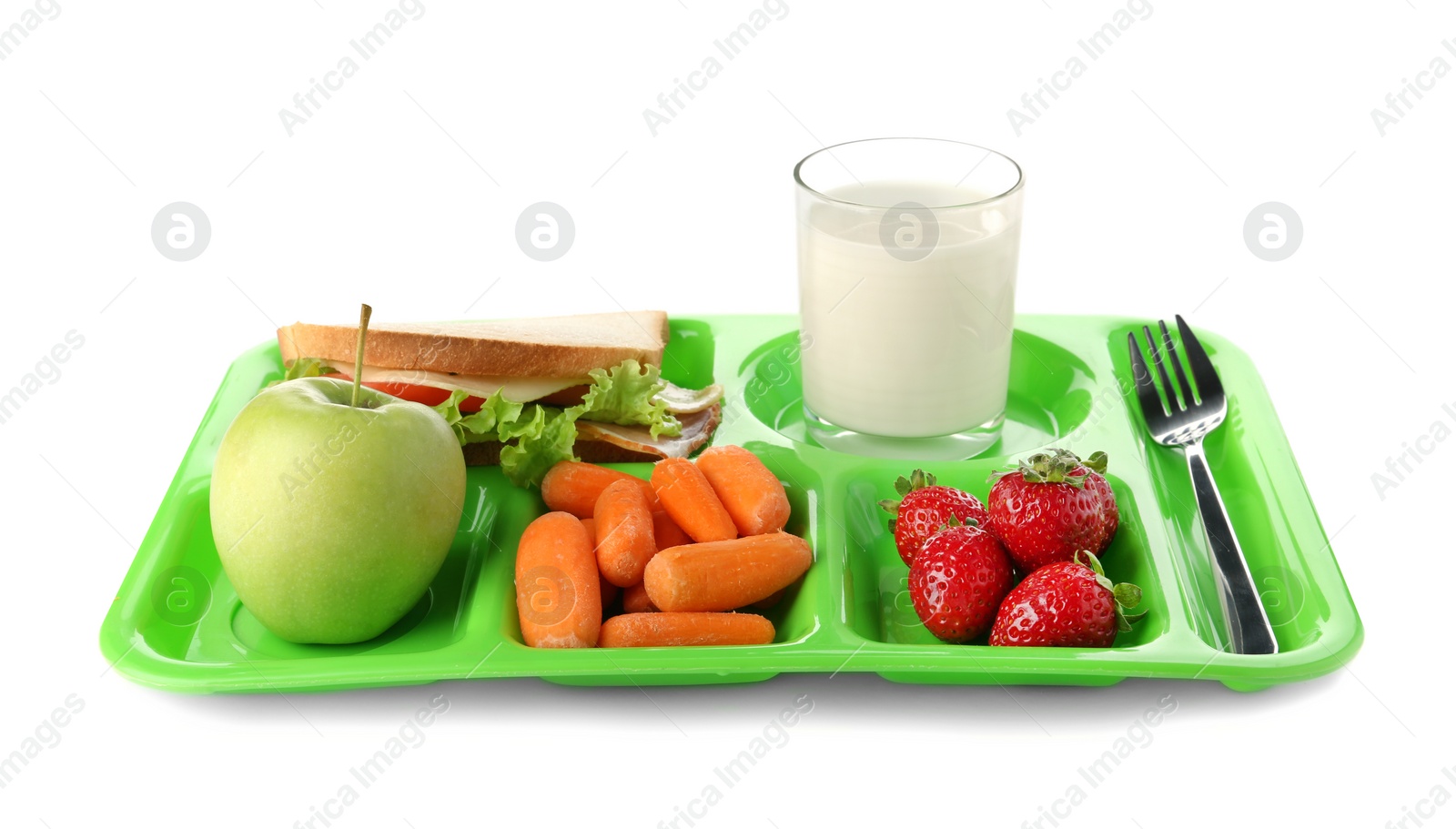 Photo of Serving tray with healthy food on white background. School lunch