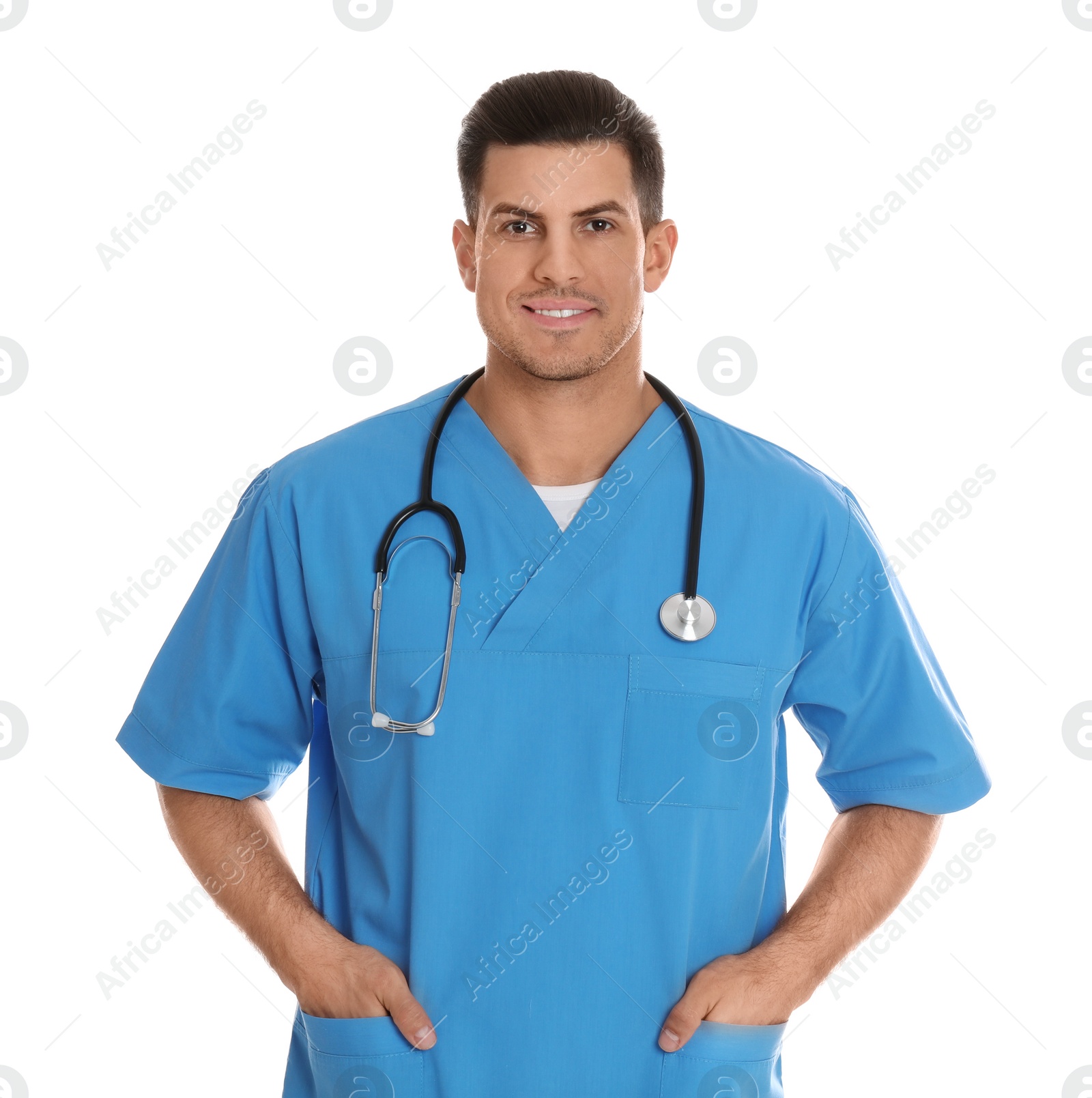 Photo of Portrait of doctor with stethoscope on white background