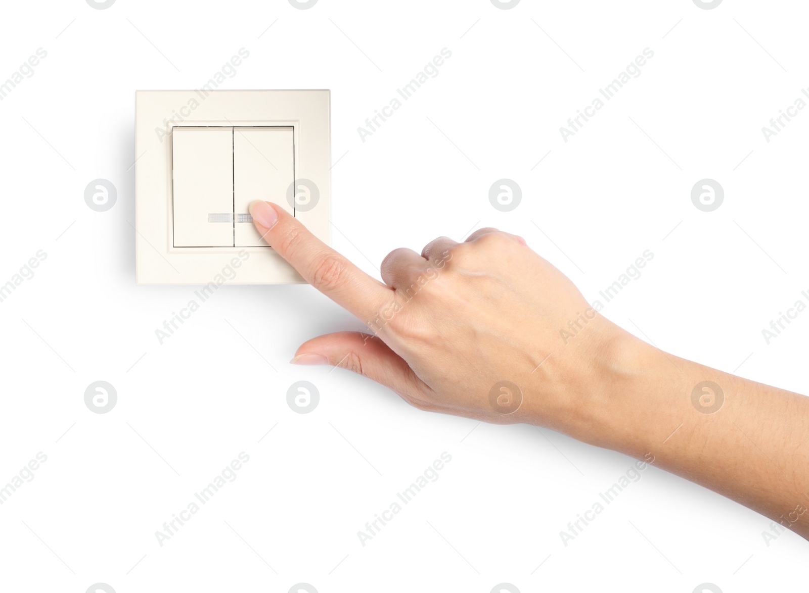 Photo of Woman pressing light switch on white background, closeup