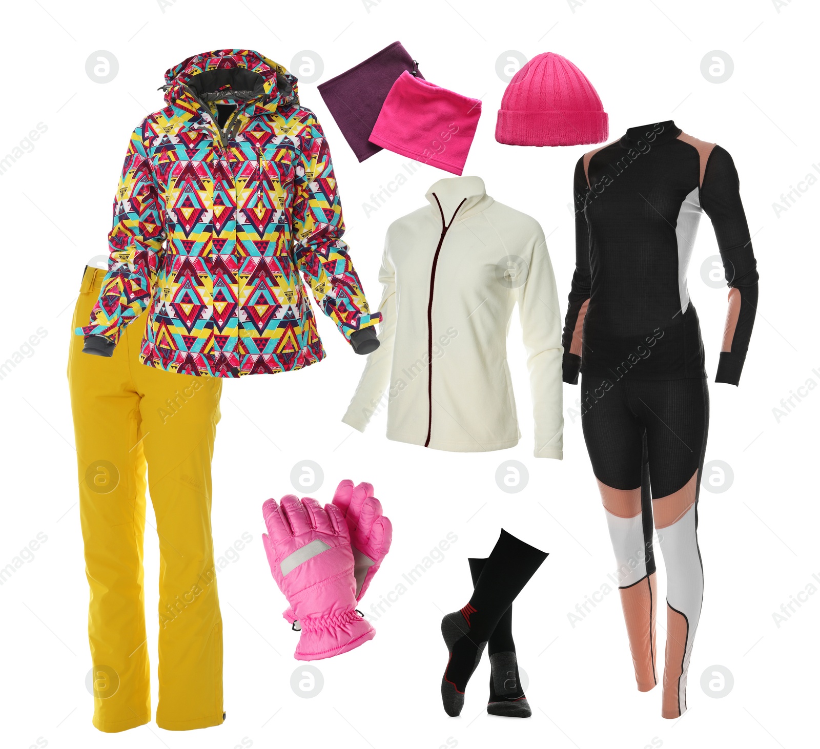 Image of Collection of stylish winter sports clothes on white background