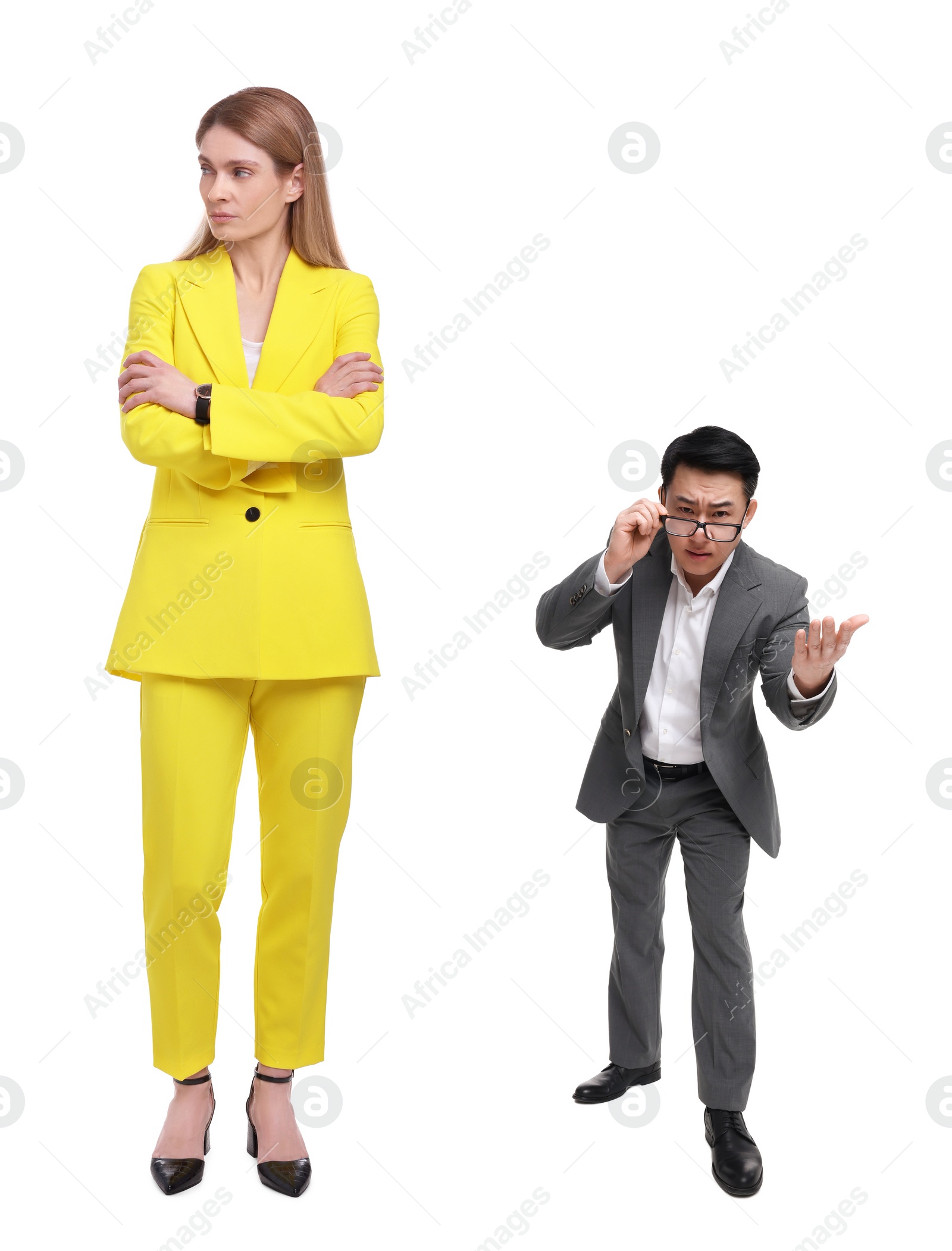 Image of Giant woman and small man on white background