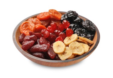 Photo of Mix of delicious dried fruits in wooden bowl isolated on white