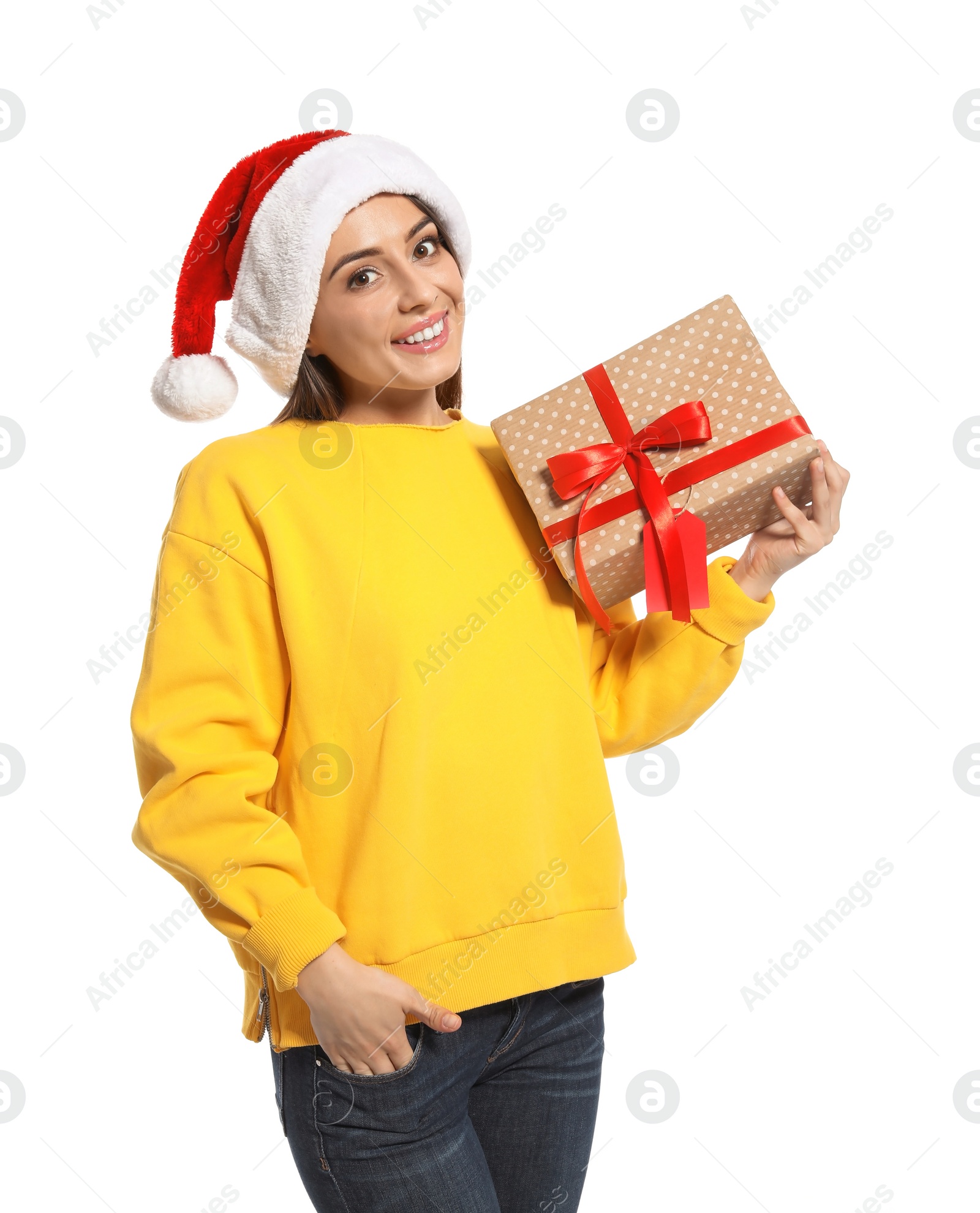 Photo of Young woman with Christmas gift on white background