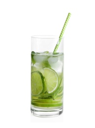 Photo of Glass of natural lemonade with lime on white background