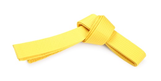 Photo of Yellow karate belt isolated on white. Martial arts uniform