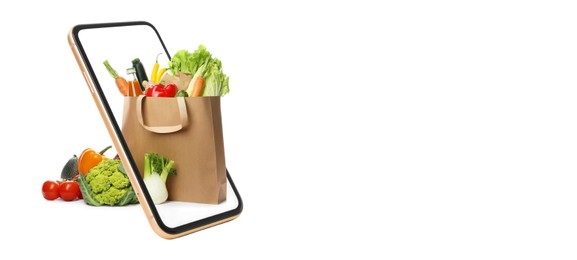 Image of Online shopping. Paper bag with food products in smartphone on white background