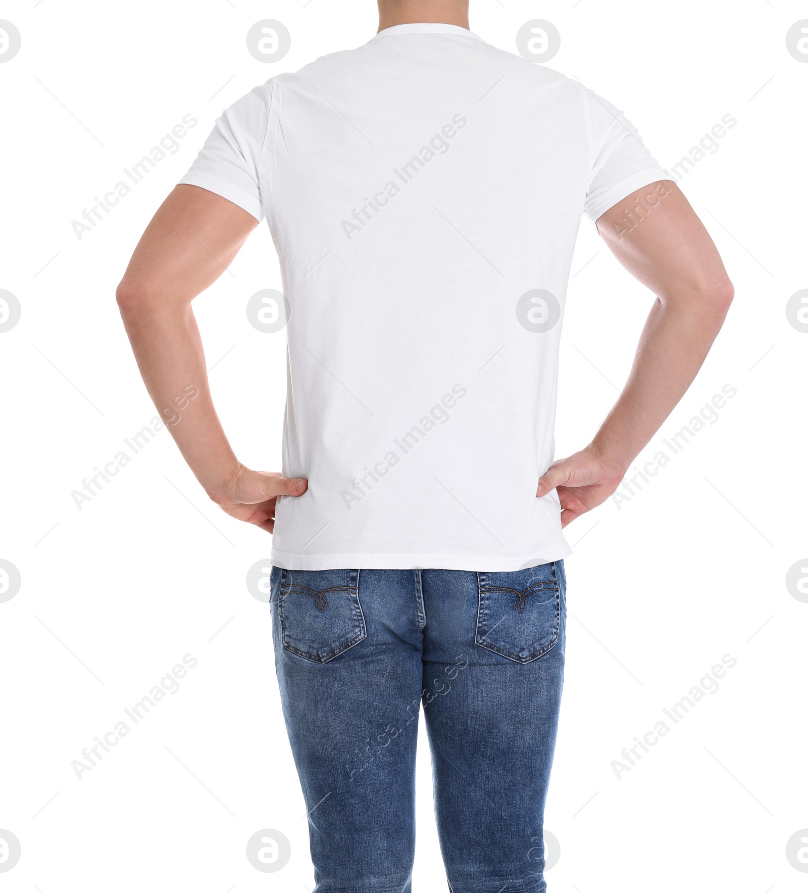 Photo of Young man on white background, closeup. Weight loss