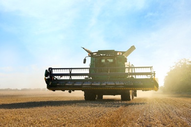 Modern combine harvester in field. Agricultural industry