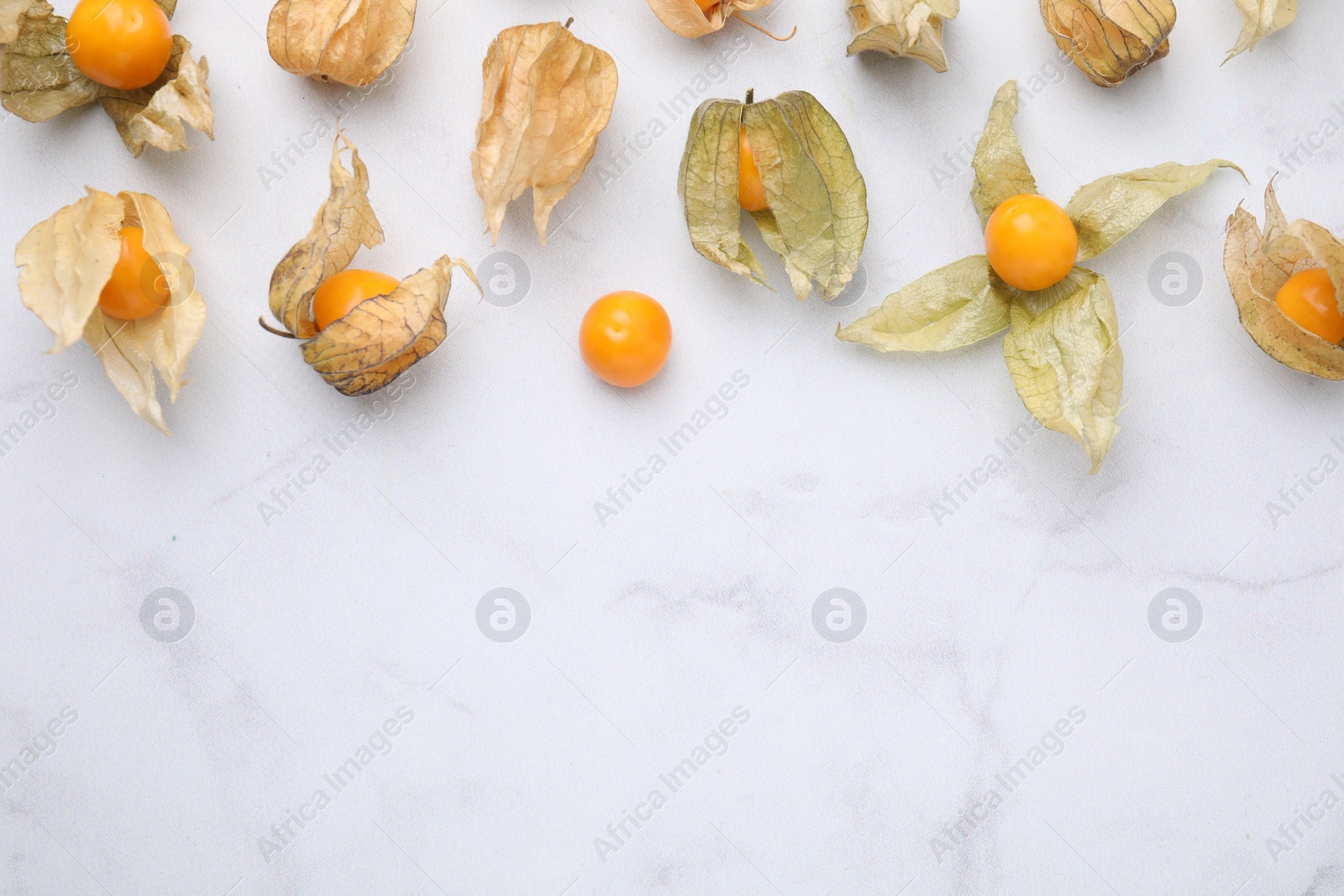 Photo of Ripe physalis fruits with calyxes on white marble table, flat lay. Space for text