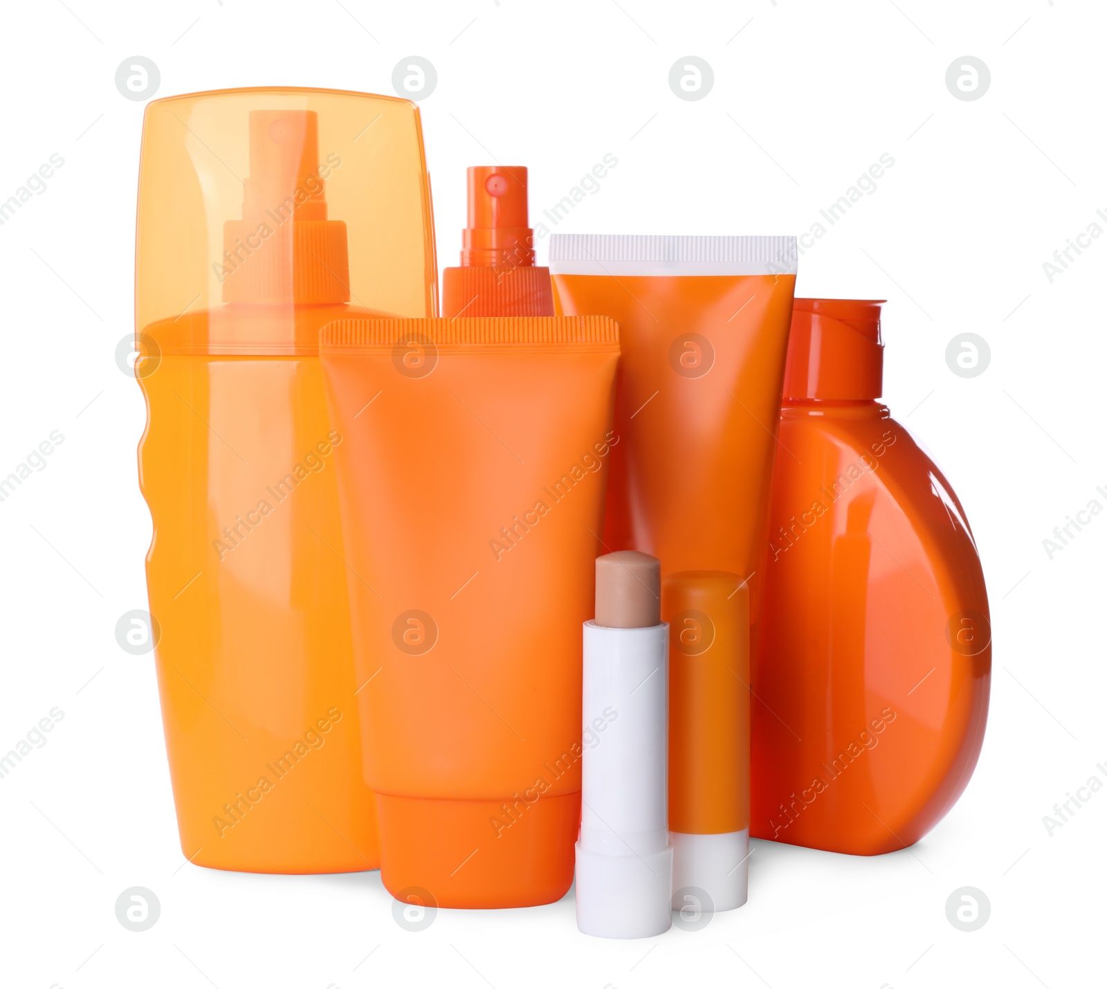 Photo of Sun protection cosmetic products on white background