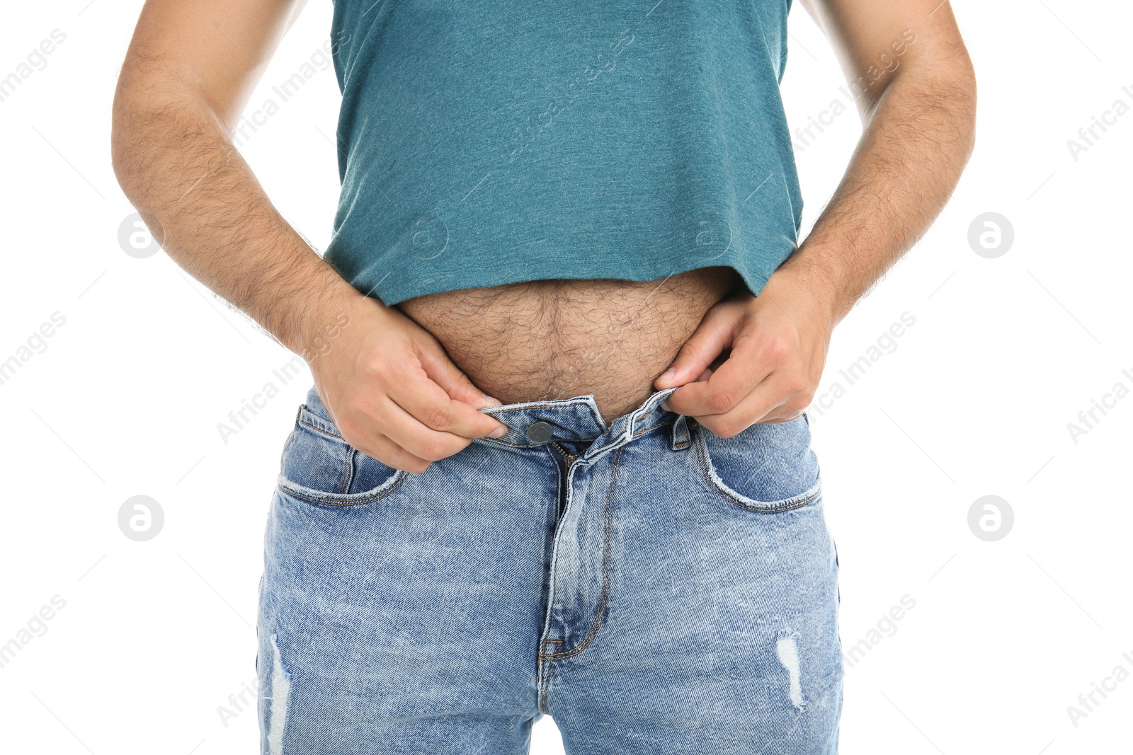 Photo of Overweight man in small pants on white background, closeup view