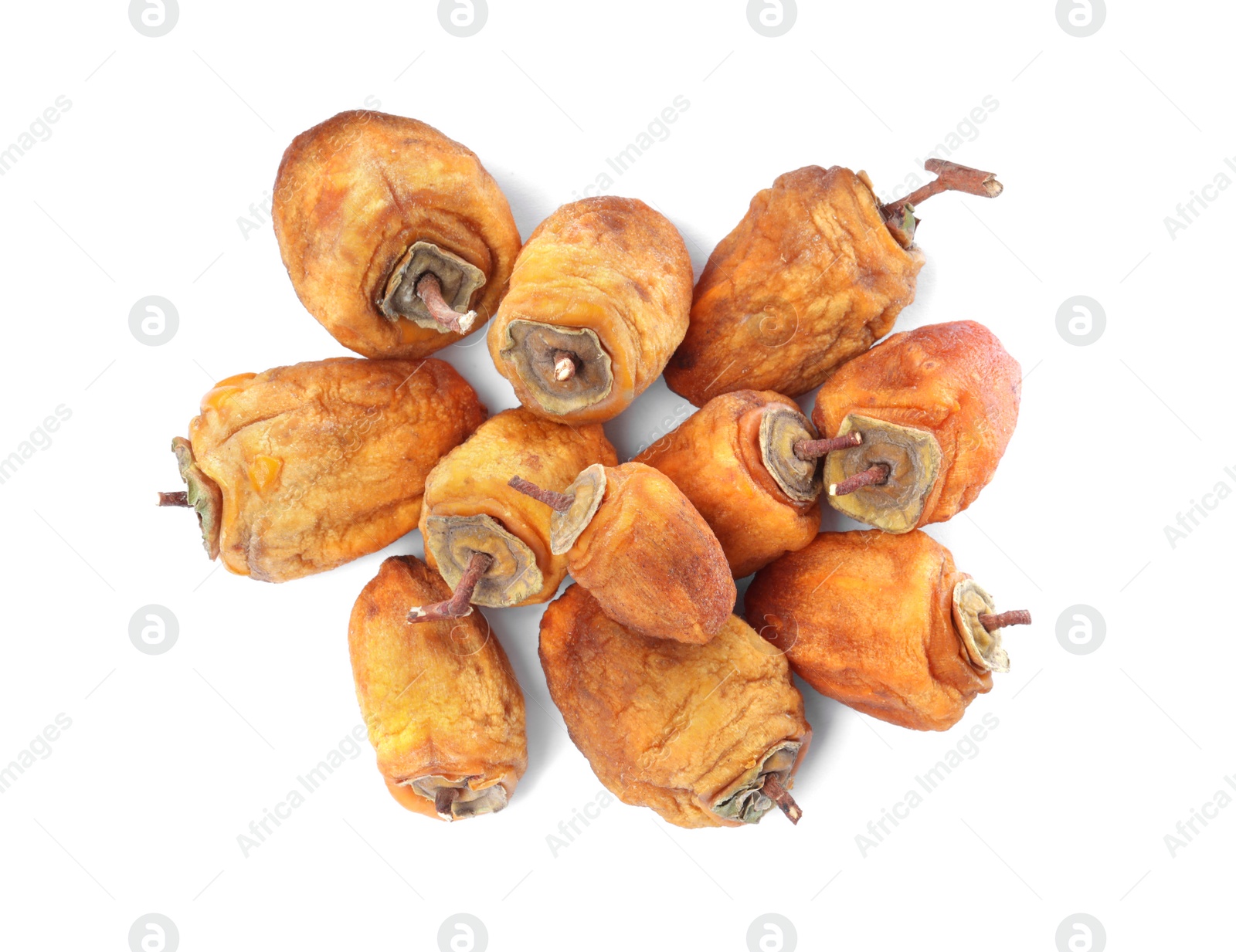 Photo of Tasty dried persimmon fruits on white background, top view