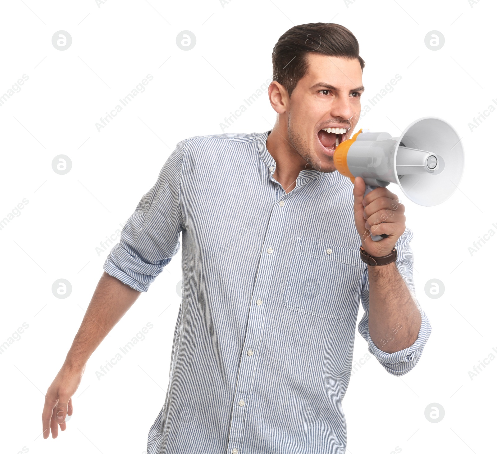 Photo of Handsome man with megaphone on white background