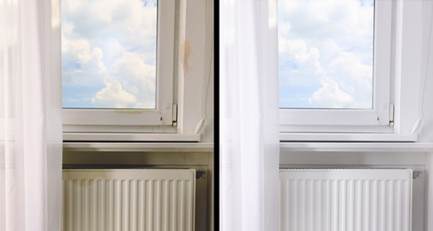 Image of Collage with photos of window sill before and after cleaning