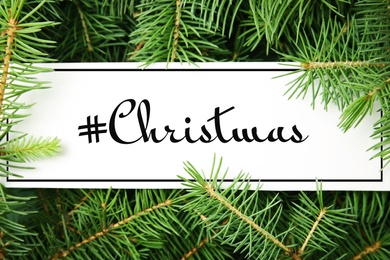 Image of Blank card with hashtag Christmas on fir tree branches, top view