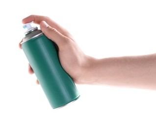 Photo of Man with can of spray paint on white background, closeup