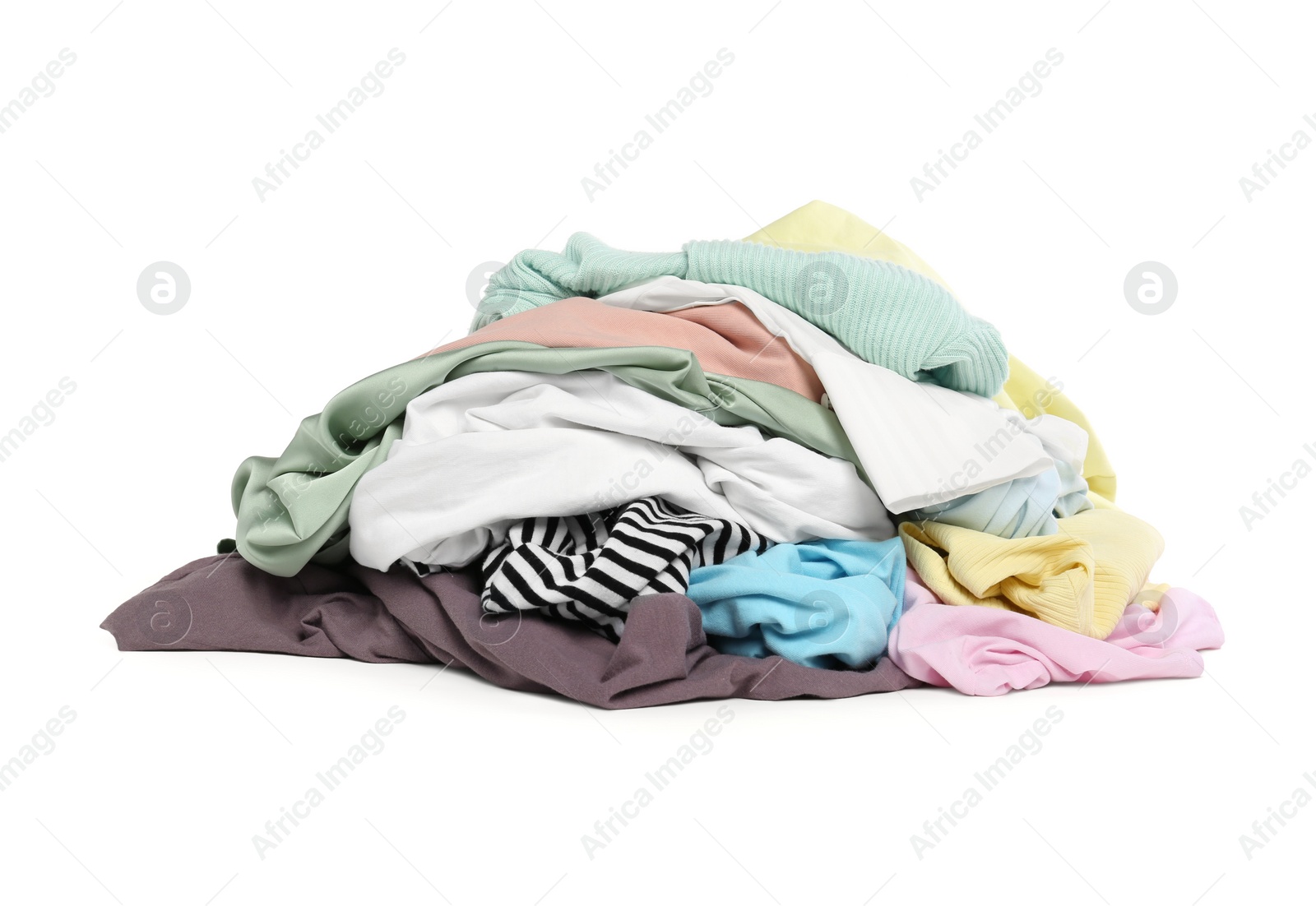 Photo of Pile of colorful clothes isolated on white