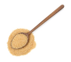 Photo of Pile of brown sugar and wooden spoon isolated on white, top view