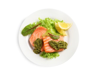 Tasty cooked salmon with pesto sauce on white background, top view