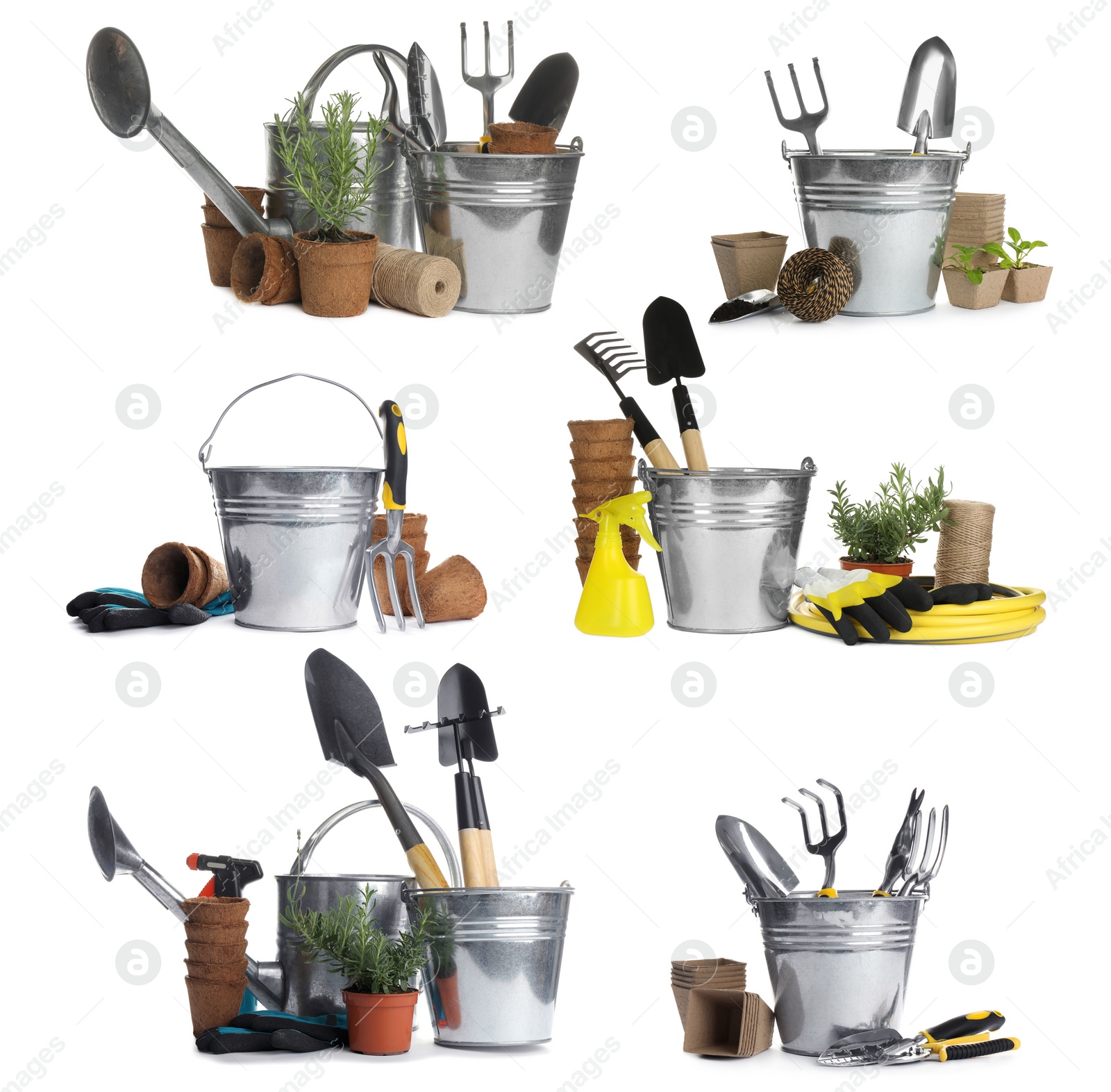 Image of Set of different gardening tools on white background