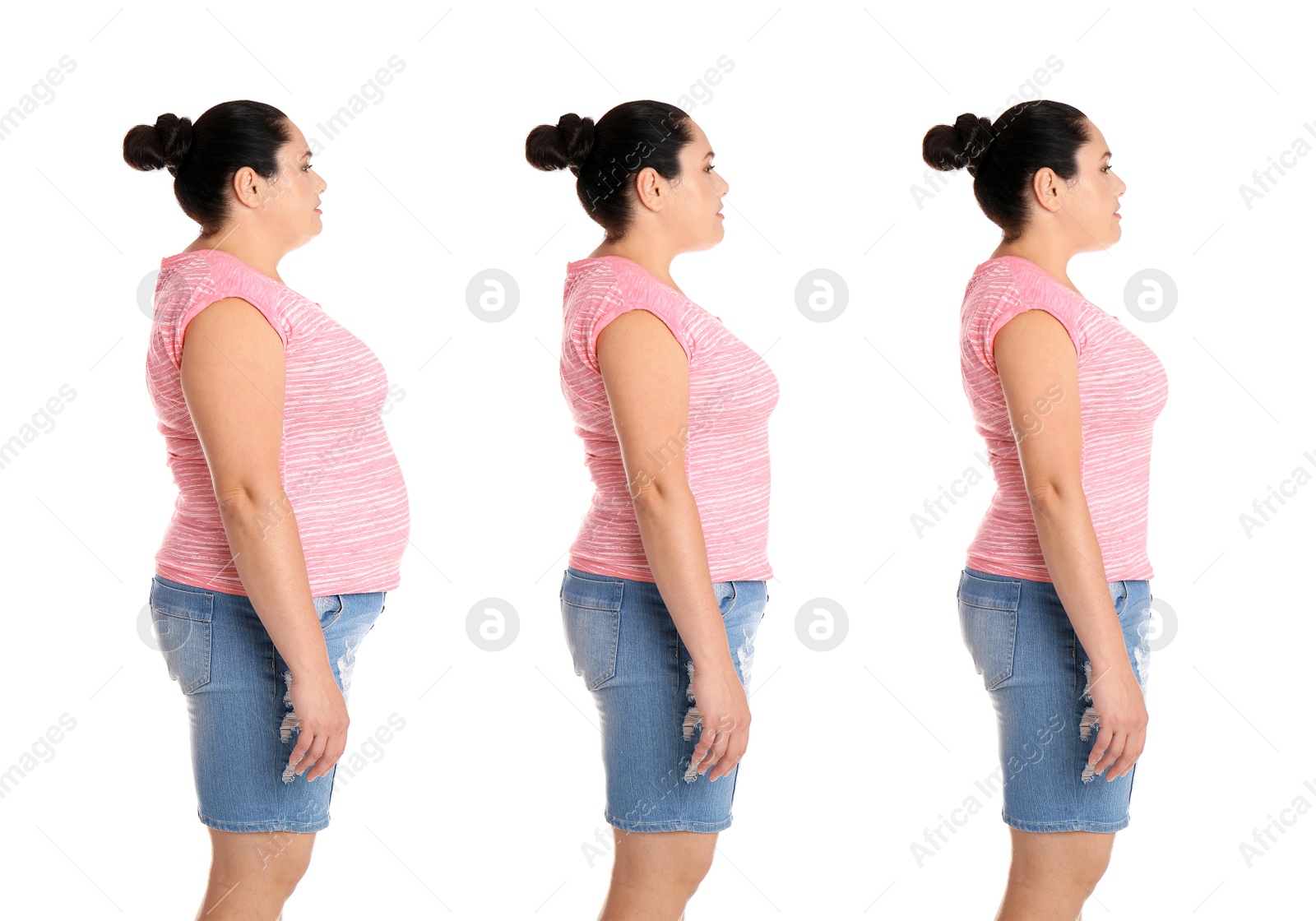 Image of Collage with photos of overweight woman before and after weight loss on white background. Banner design 