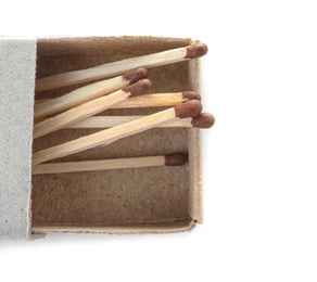 Cardboard box with matches on white background, top view