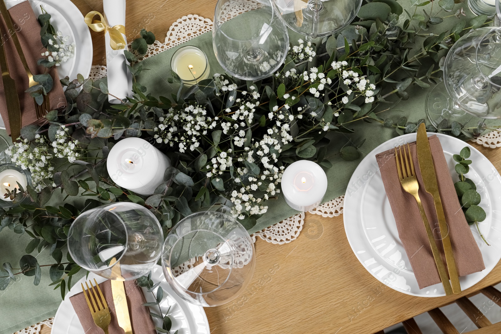 Photo of Stylish elegant table setting for festive dinner, flat lay