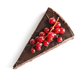 Piece of tasty homemade chocolate cake with berries on white background, top view