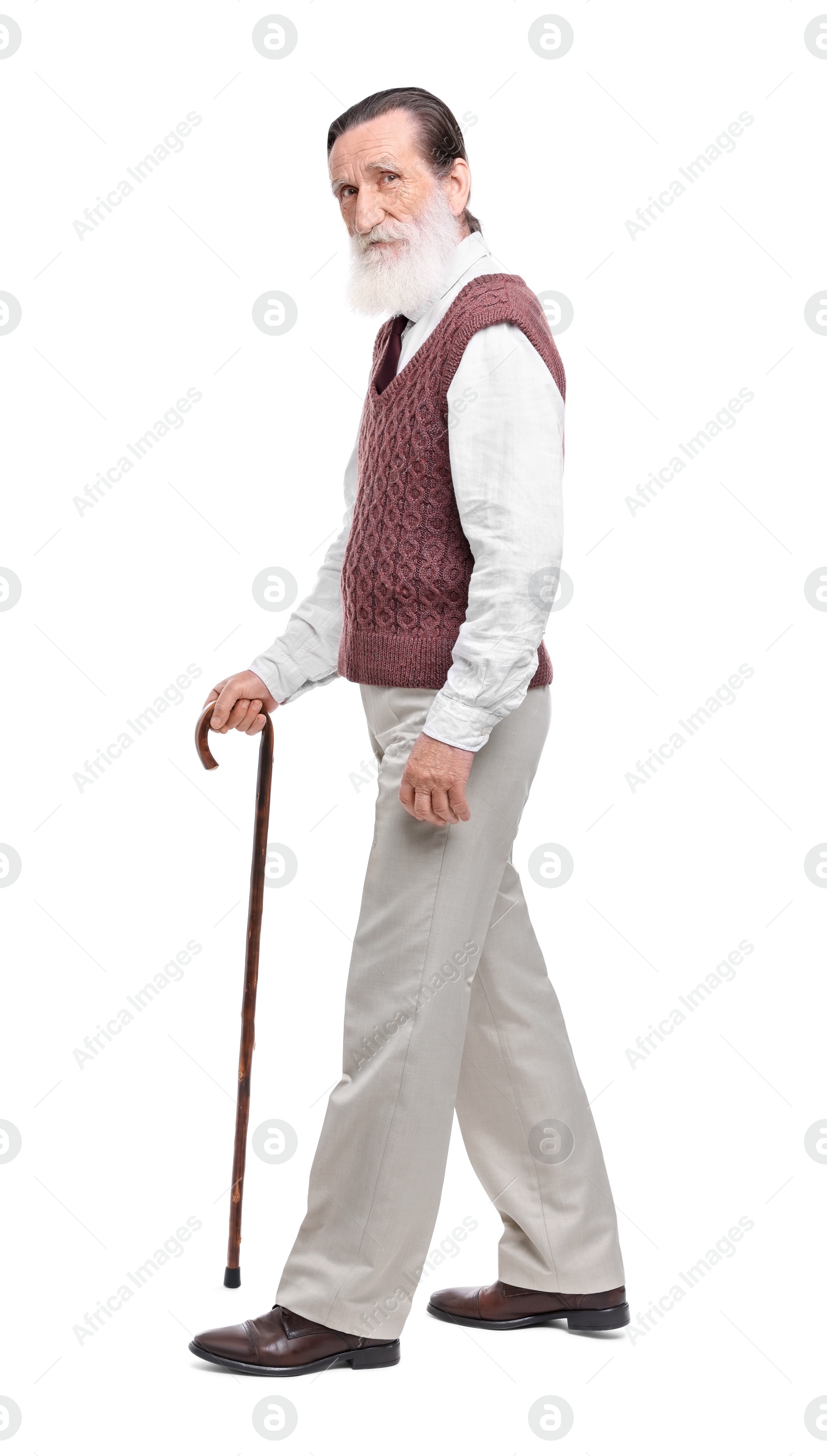 Photo of Senior man with walking cane on white background