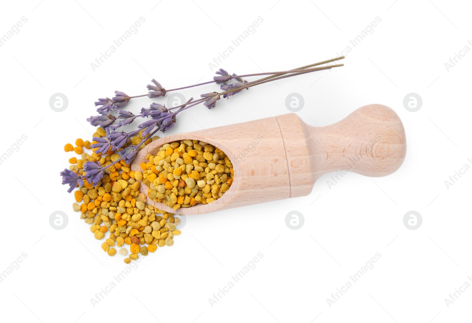 Photo of Scoop with fresh bee pollen granules and lavender isolated on white, top view