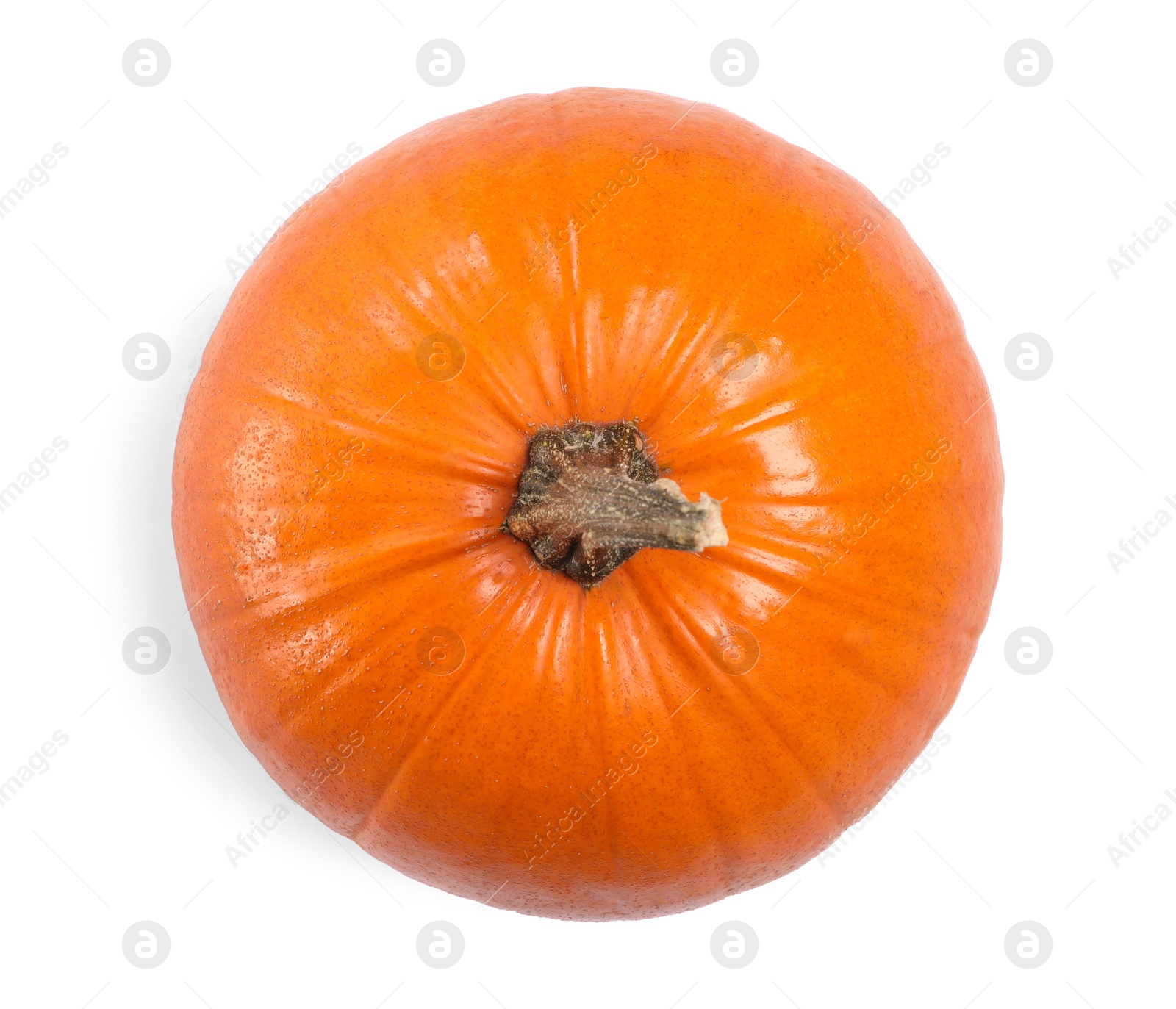 Photo of One fresh orange pumpkin isolated on white, top view