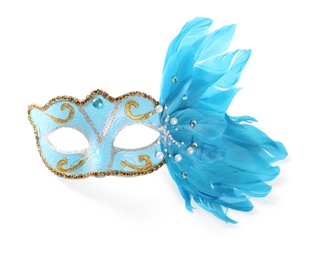 Beautiful light blue carnival mask with feathers isolated on white, top view
