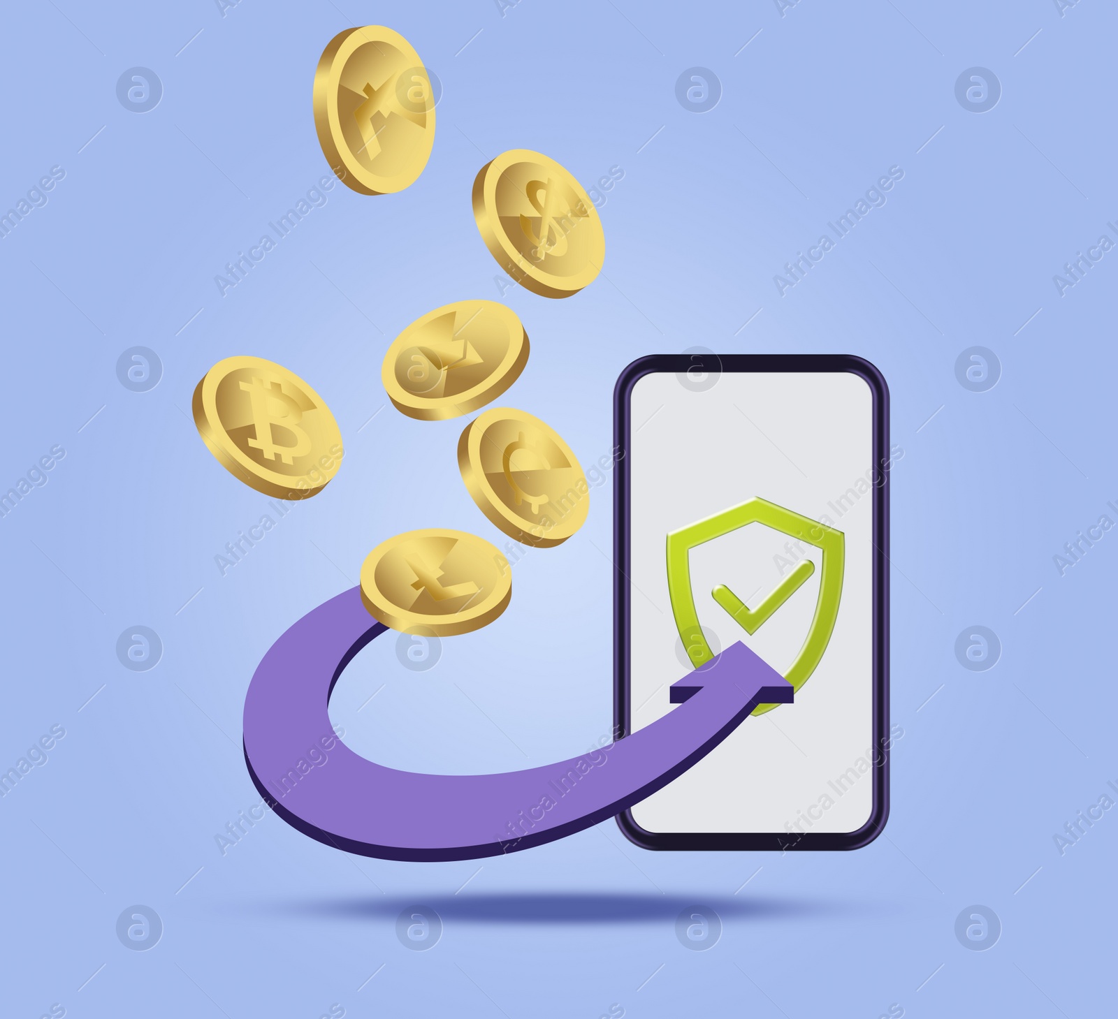 Illustration of Security of online currency. Different cryptocurrency coins flying into mobile phone with shield on light blue background, illustration