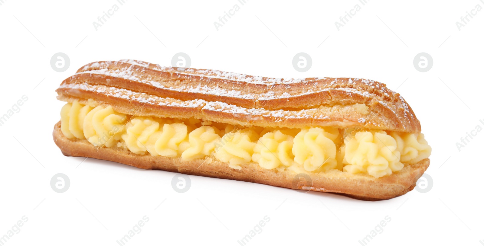 Photo of Delicious eclair filled with cream isolated on white