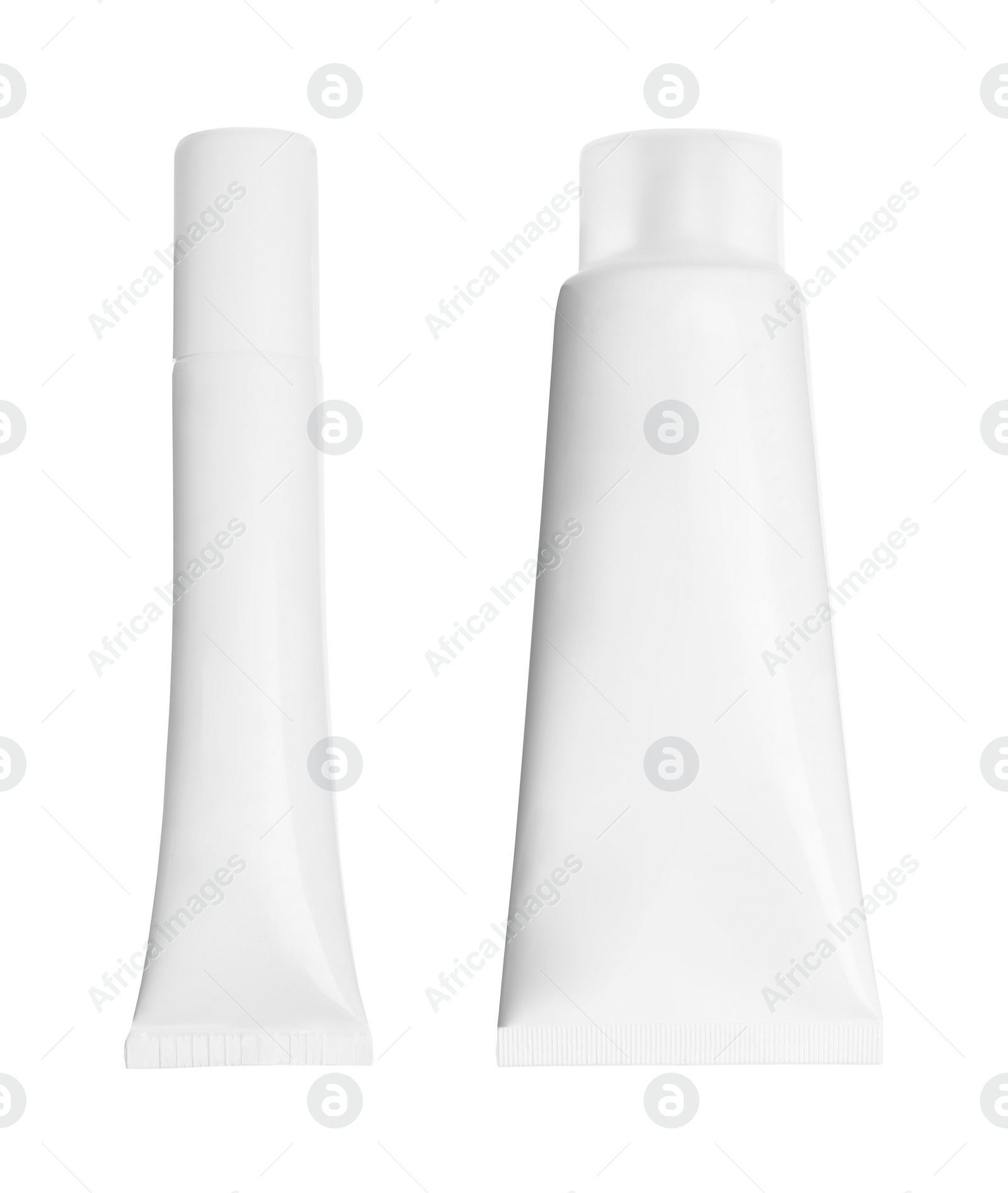 Image of Blank tubes of cosmetic products on white background, collage. Mockup for design