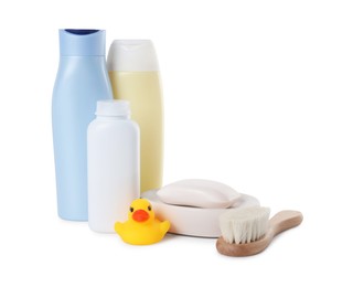 Photo of Baby cosmetic products, bath duck and brush isolated on white