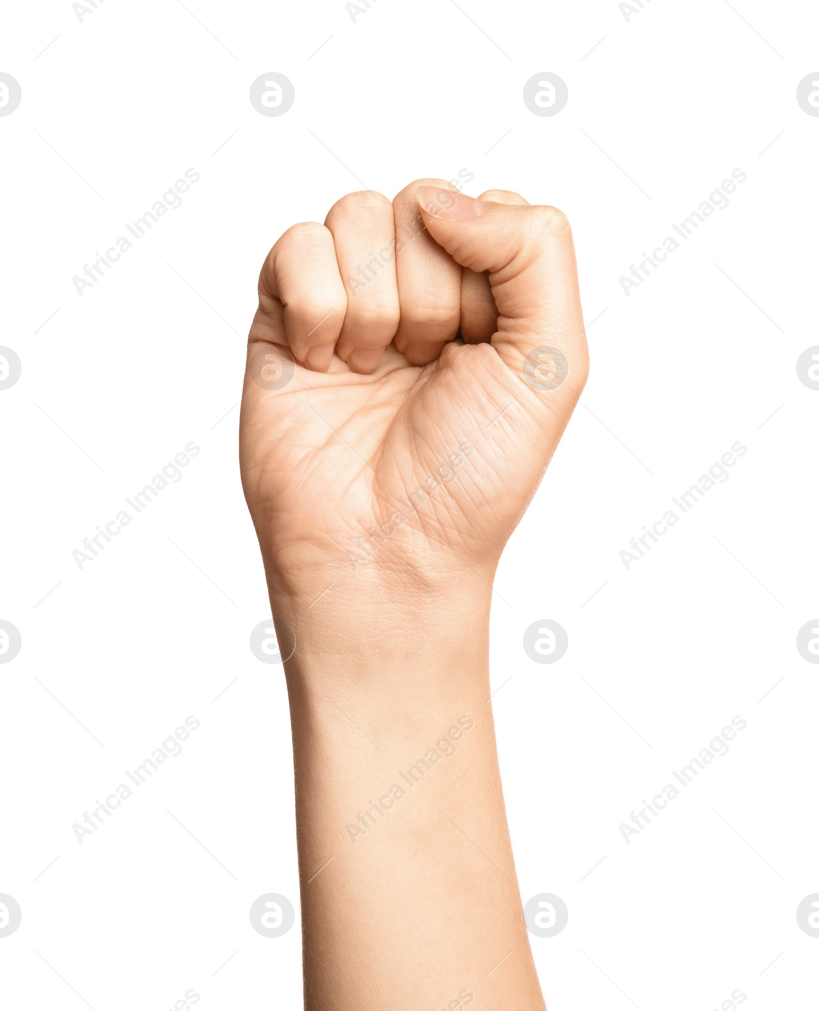 Photo of Woman showing S letter on white background, closeup. Sign language