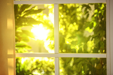 Beautiful view through window on garden in morning