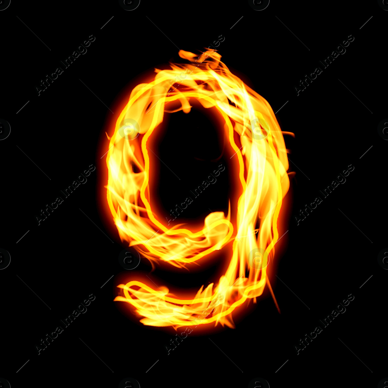 Image of Flaming 9 on black background. Stylized number design