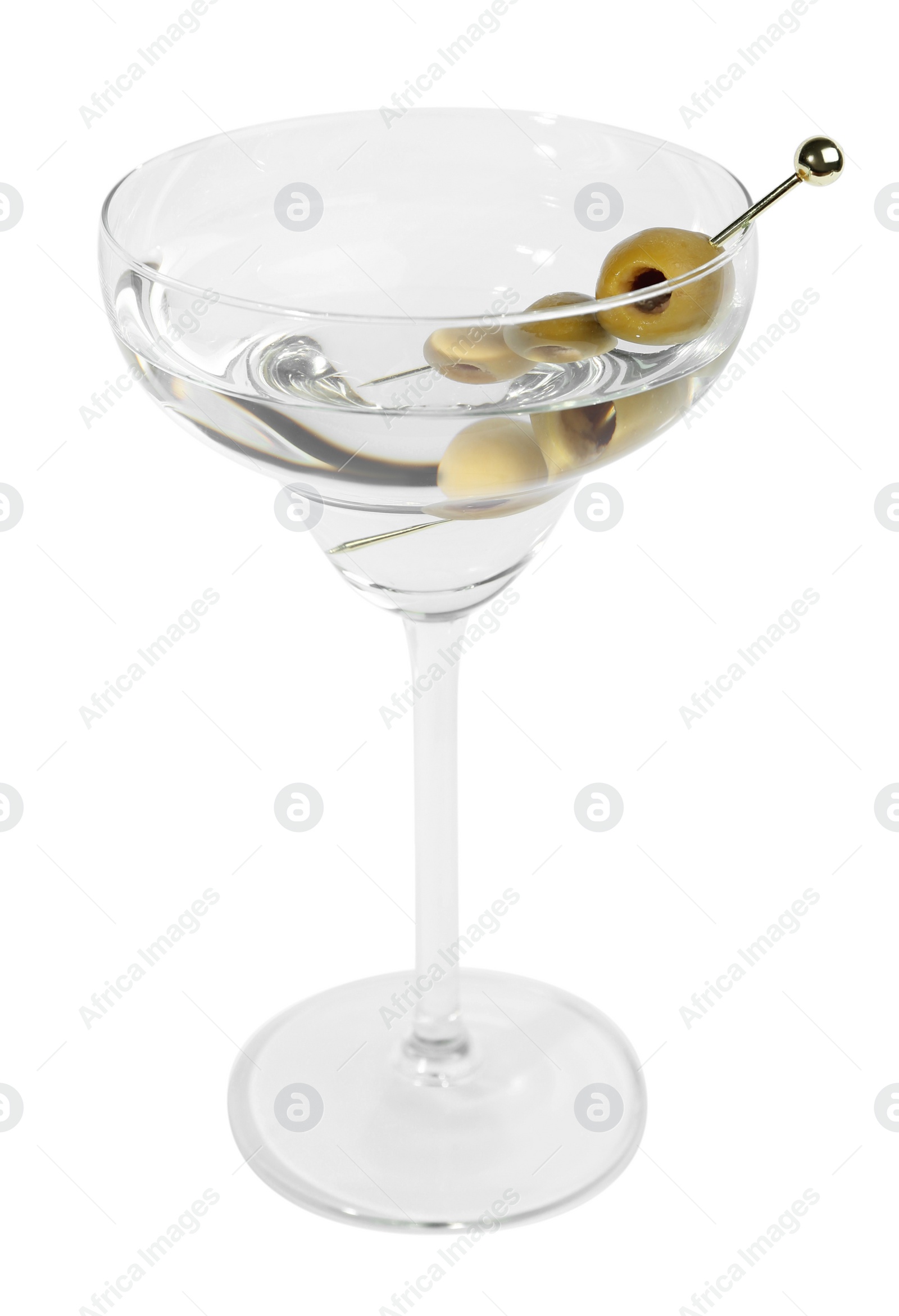 Photo of Martini cocktail with olives on white background