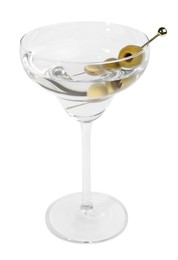 Photo of Martini cocktail with olives on white background