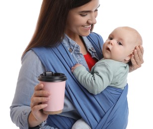 Photo of Mother with hot drink holding her child in sling (baby carrier) on white background, closeup
