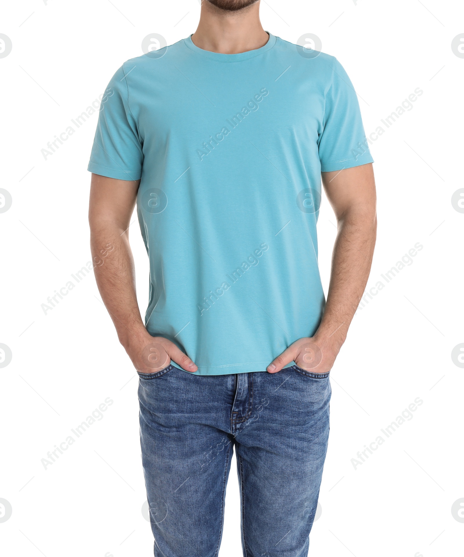 Photo of Young man on white background, closeup. Weight loss