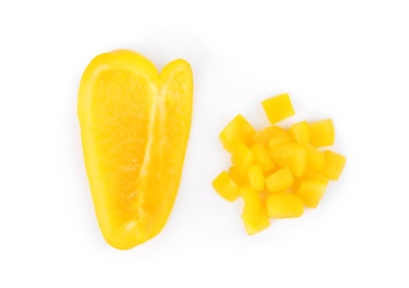 Cut yellow bell pepper isolated on white, top view